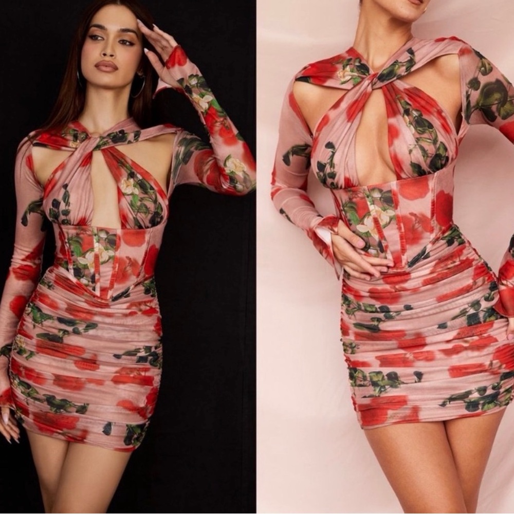 House of CB 'Adanna' rose print corset mini dress in stretch power mesh